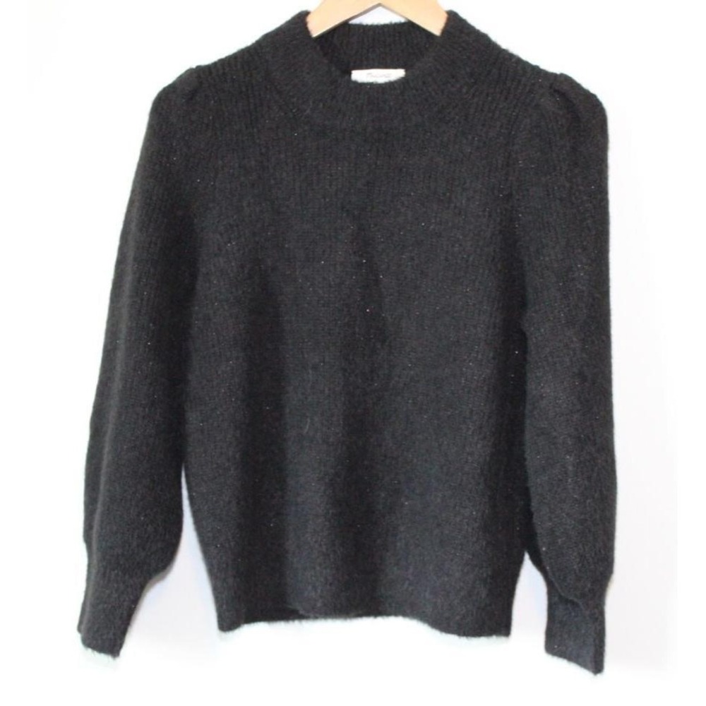 Madewell Eaton Puff Sleeve Pullover Sweater Cozy Fuzzy Stretch Black Medium Chic - Picture 2 of 12